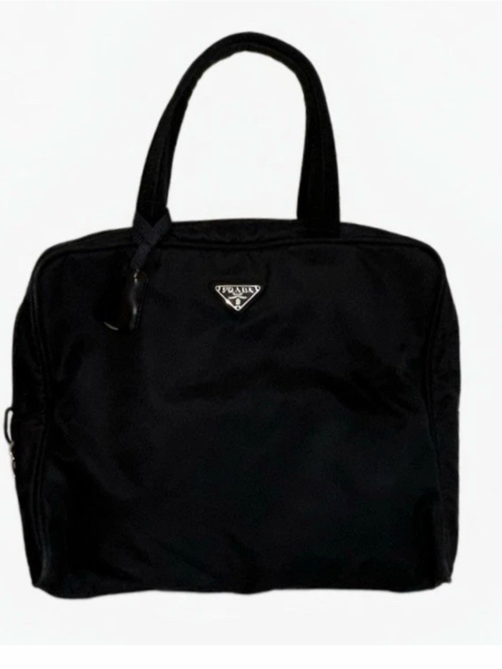 UNISEX PRADA Black Nylon Tote Bag with Silver Hardware Zipper and Padlock.